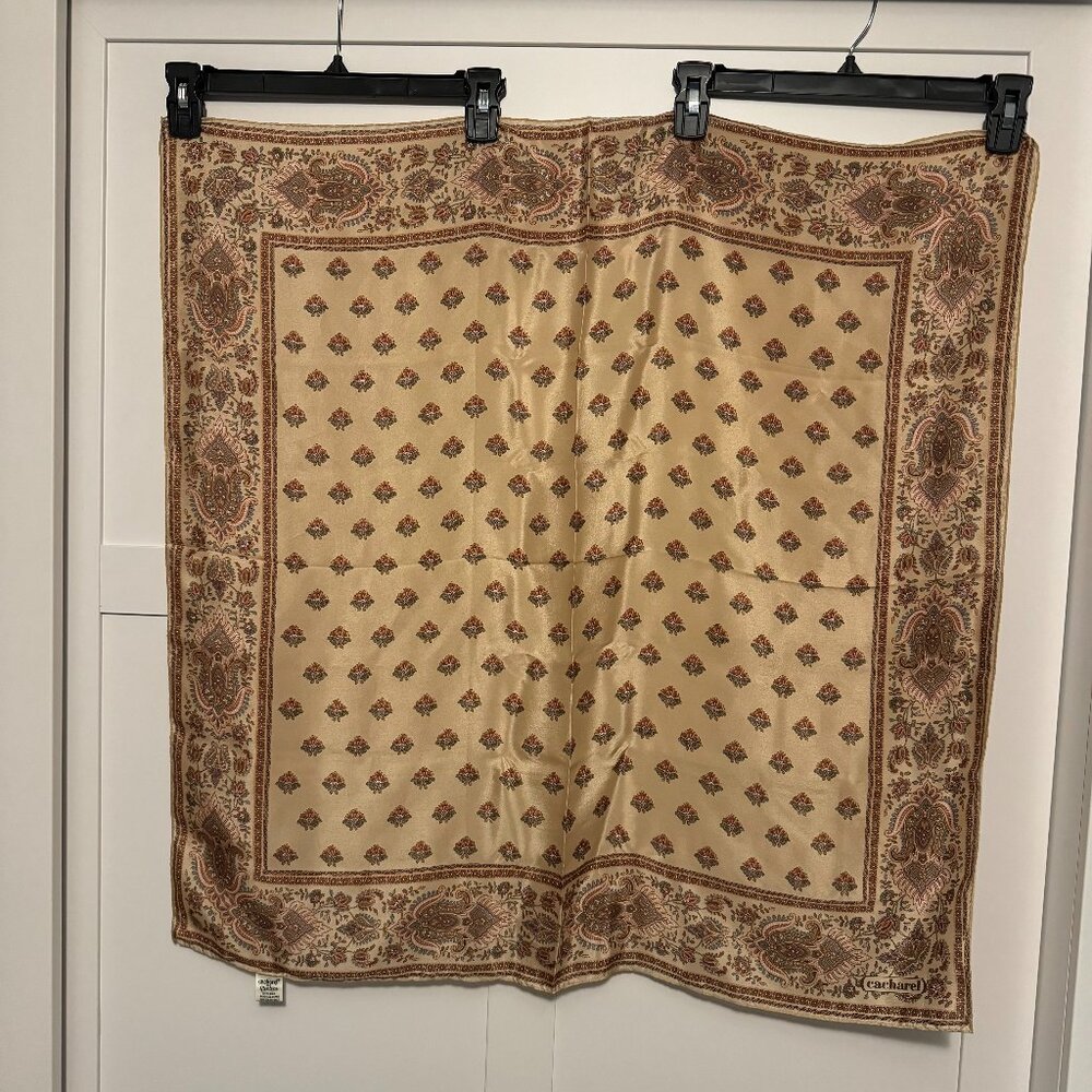 Cacharel For Glentex 100% Silk Scarf Japan Vintage Brown Paisley Floral 1970's